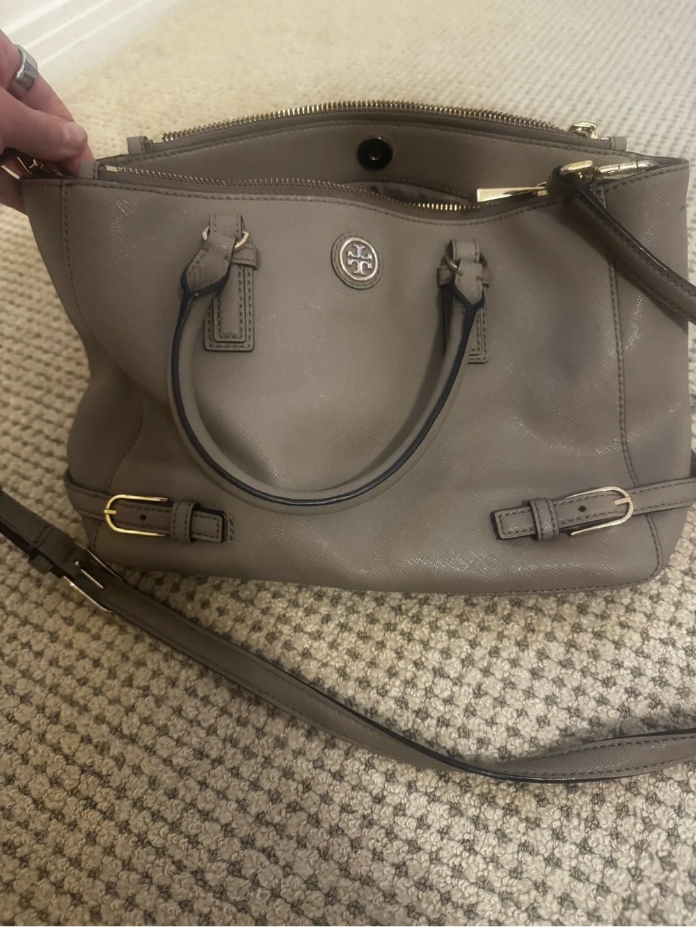 Tory Burch Taupe Pebbled Leather Satchel with Gold Hardware